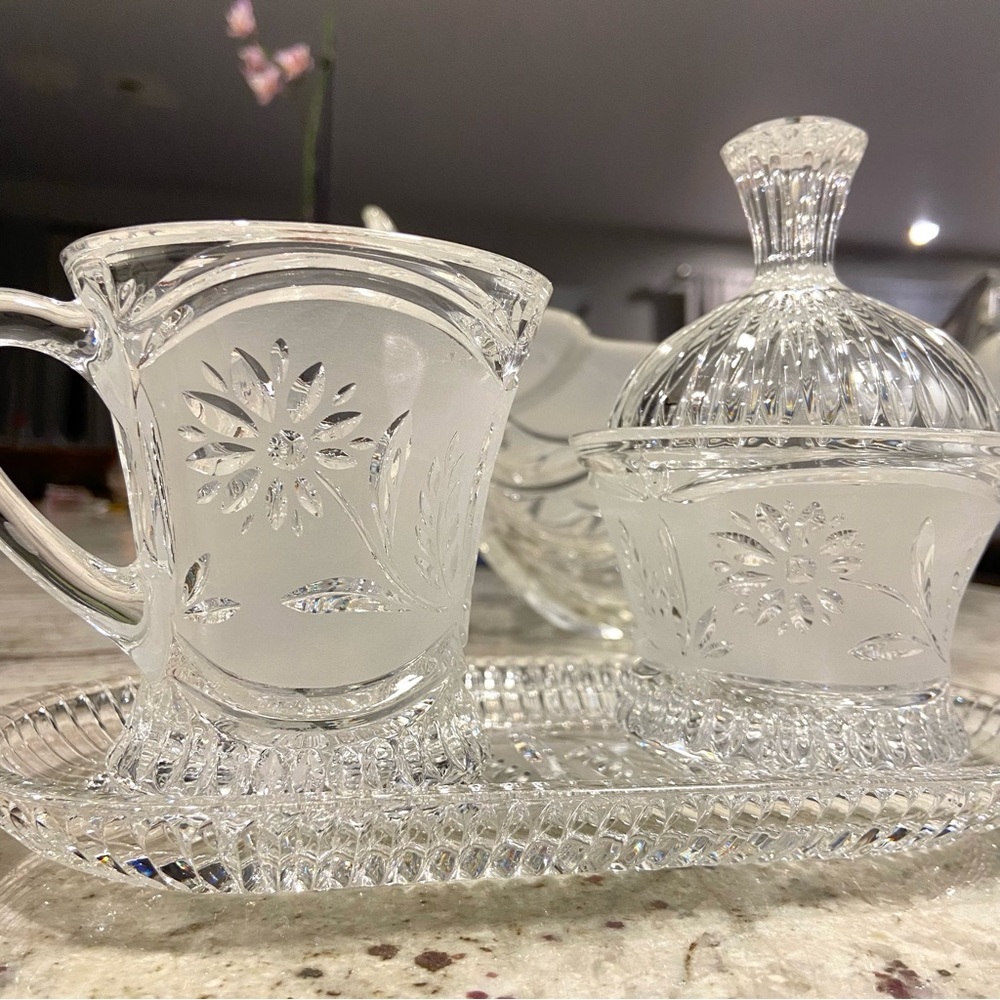 Cut Crystal Creamer and Sugar Set W Tray Lausitzer German Floral Pattern